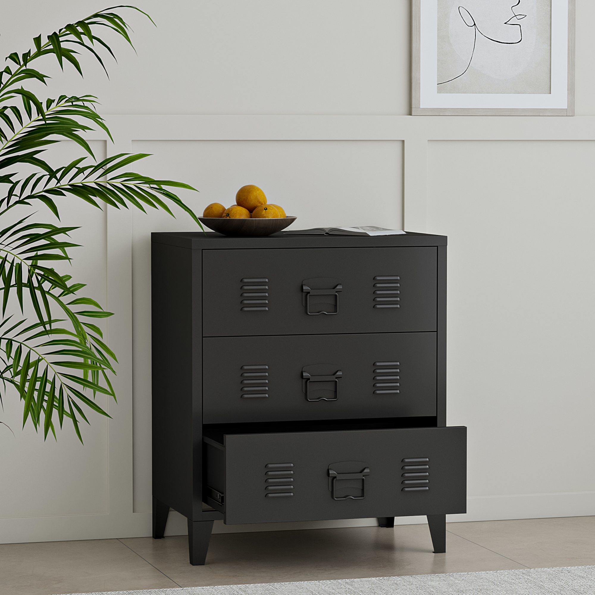 Dulap, en.casa, PXSL-0181 Hameenlinna, 72 x 60 x 40 cm, otel, negru, cu 3 sertare, design industrial HausGarden Leisure