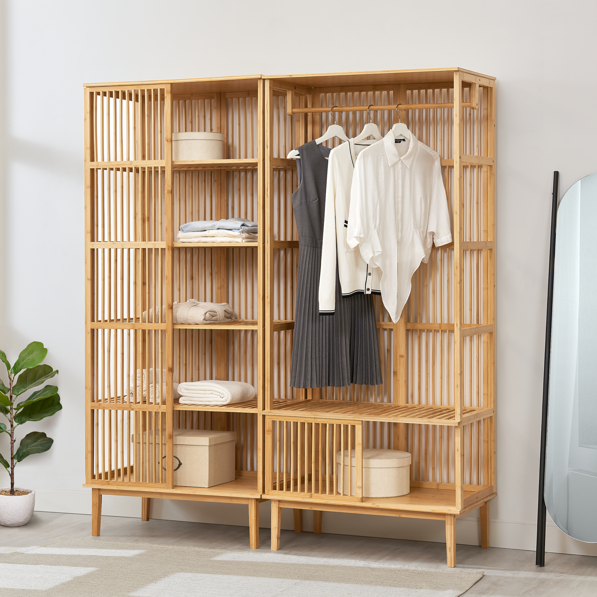 Set garderoba, en.casa, 1x PXNB-0706 - 1x PXNB-0707 Trundholm - Vemb, 185 x 160 x 45 cm, bambus, natur HausGarden Leisure