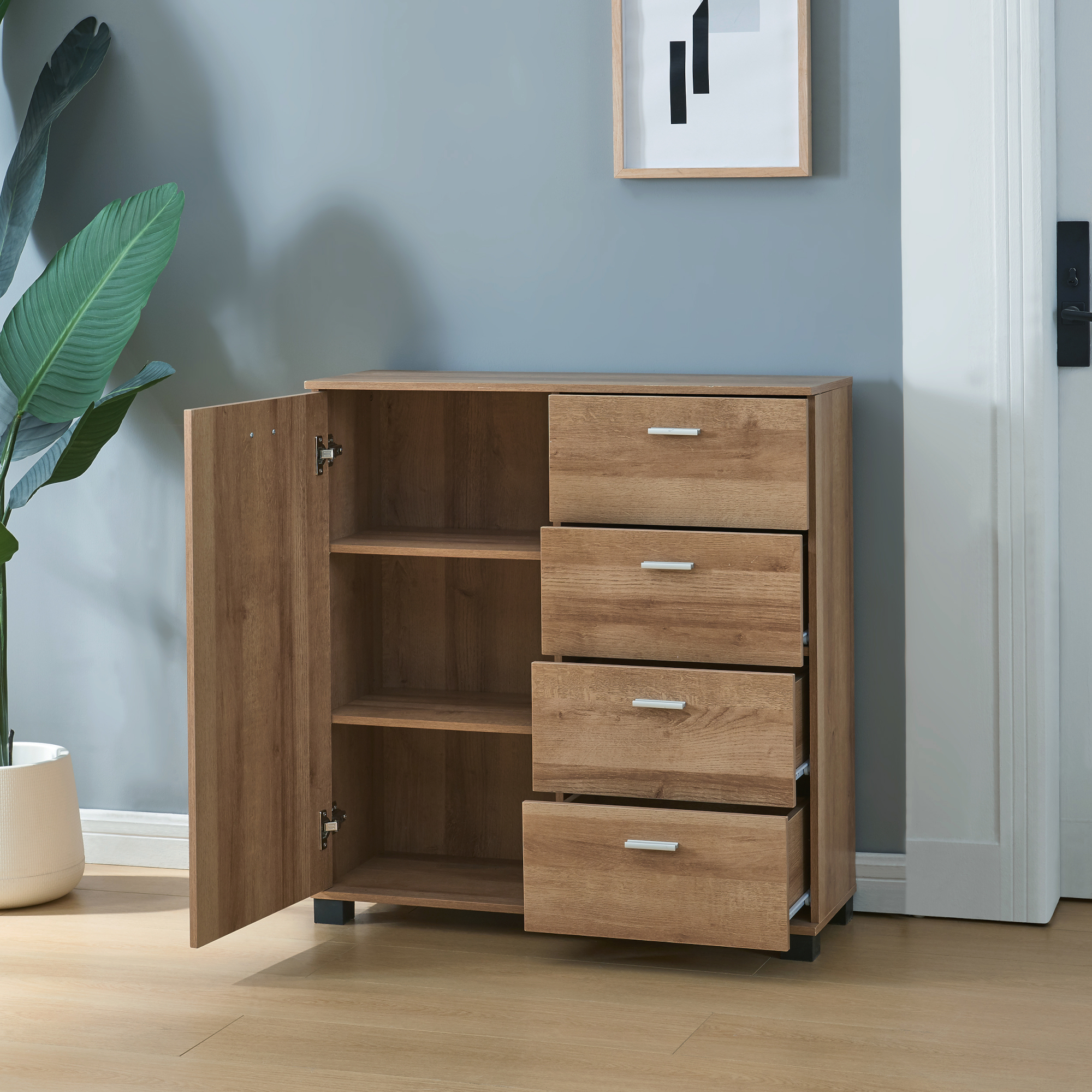 Dulap pantofi, en.casa, PXFF-3565 Dobritz, 84 x 80 x 28 cm, pal, stejar, cu 1 usa si 4 sertare HausGarden Leisure
