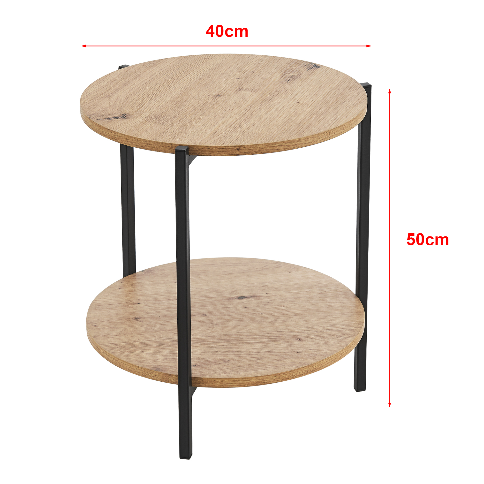 Masuta, en.casa, PXXM-0074 Kuopio, 50 x 40 cm, metal, mdf, negru, efect lemn, forma rotunda, cu raft inferior HausGarden Leisure