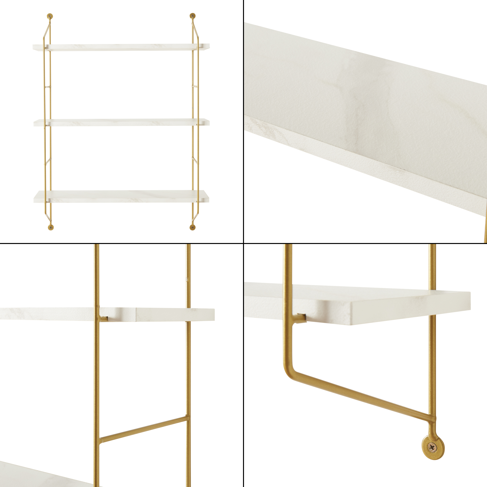 Raft, en.casa, PXWK-0010 Osel, 48 x 15 x 63,5 cm, otel, mdf, pvc, alb marmorat, montabil pe perete,cu 3 polite depozitare HausGarden Leisure