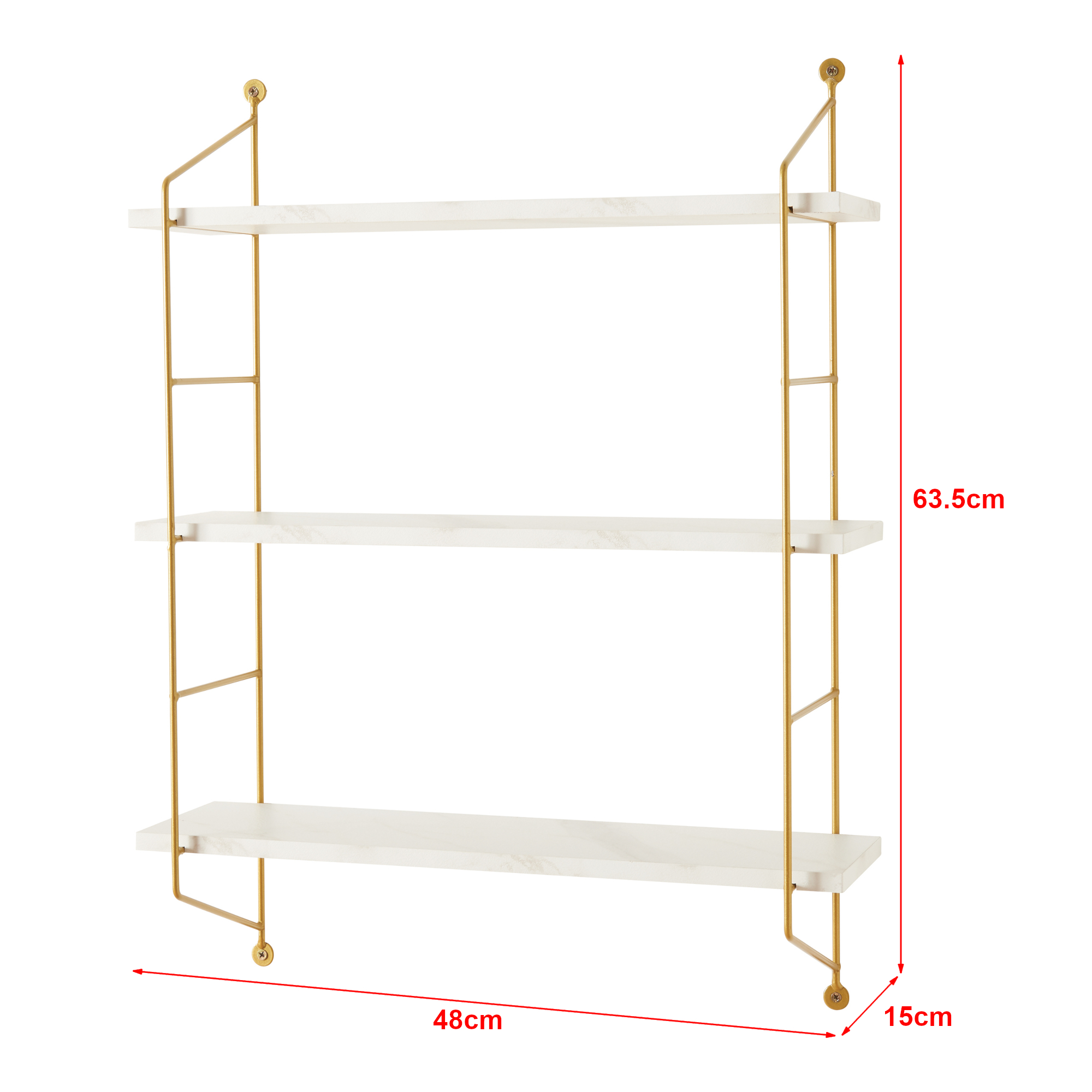 Raft, en.casa, PXWK-0010 Osel, 48 x 15 x 63,5 cm, otel, mdf, pvc, alb marmorat, montabil pe perete,cu 3 polite depozitare HausGarden Leisure