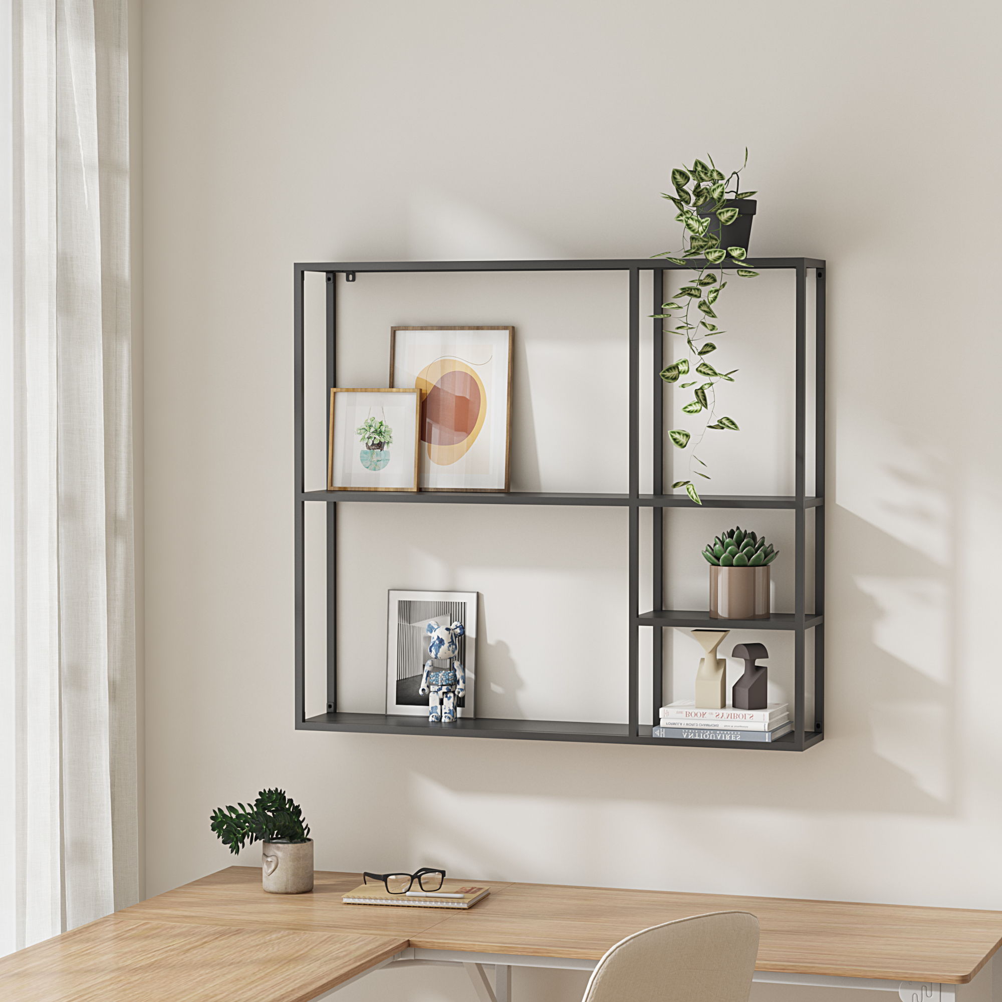 Raft, en.casa,  PXSL-0211 Jamijarvi, 90 x 100 x 18 cm, otel, negru mat, cu 5 polite depozitare, montabil pe perete HausGarden Leisure