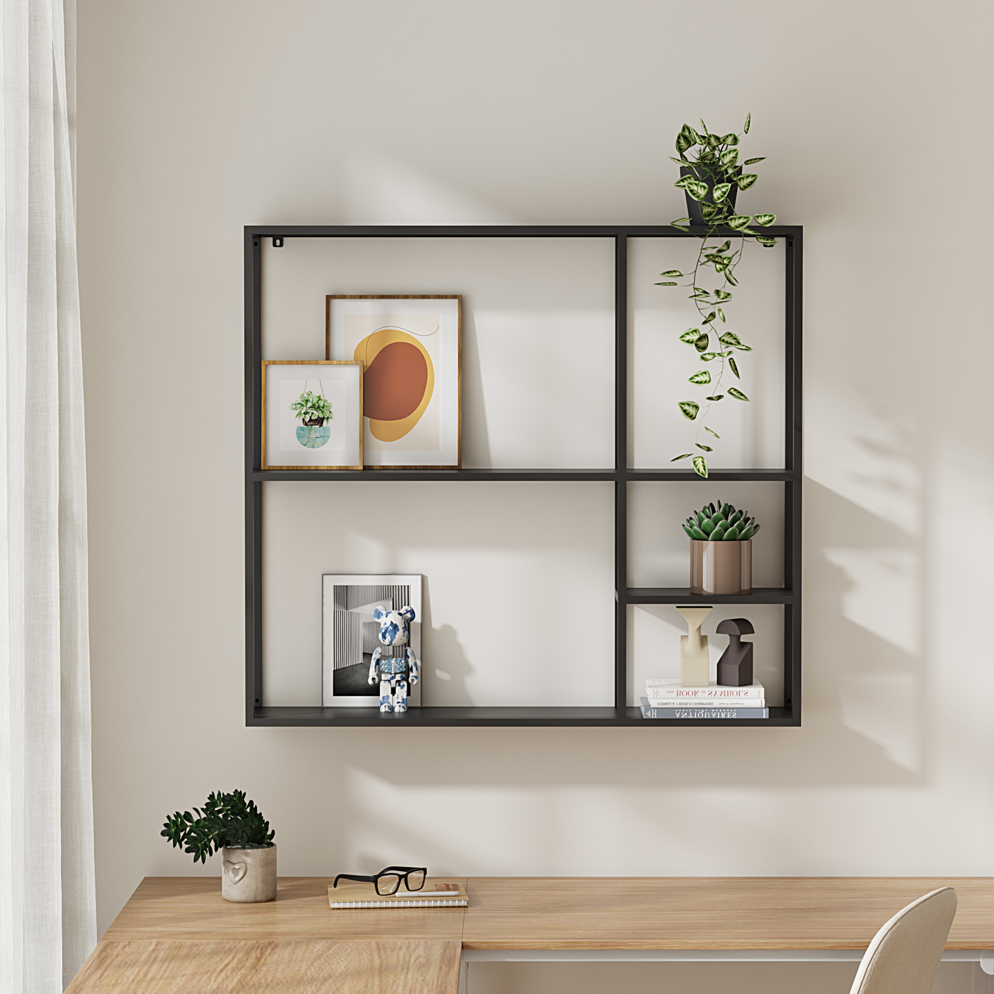 Raft, en.casa,  PXSL-0211 Jamijarvi, 90 x 100 x 18 cm, otel, negru mat, cu 5 polite depozitare, montabil pe perete HausGarden Leisure