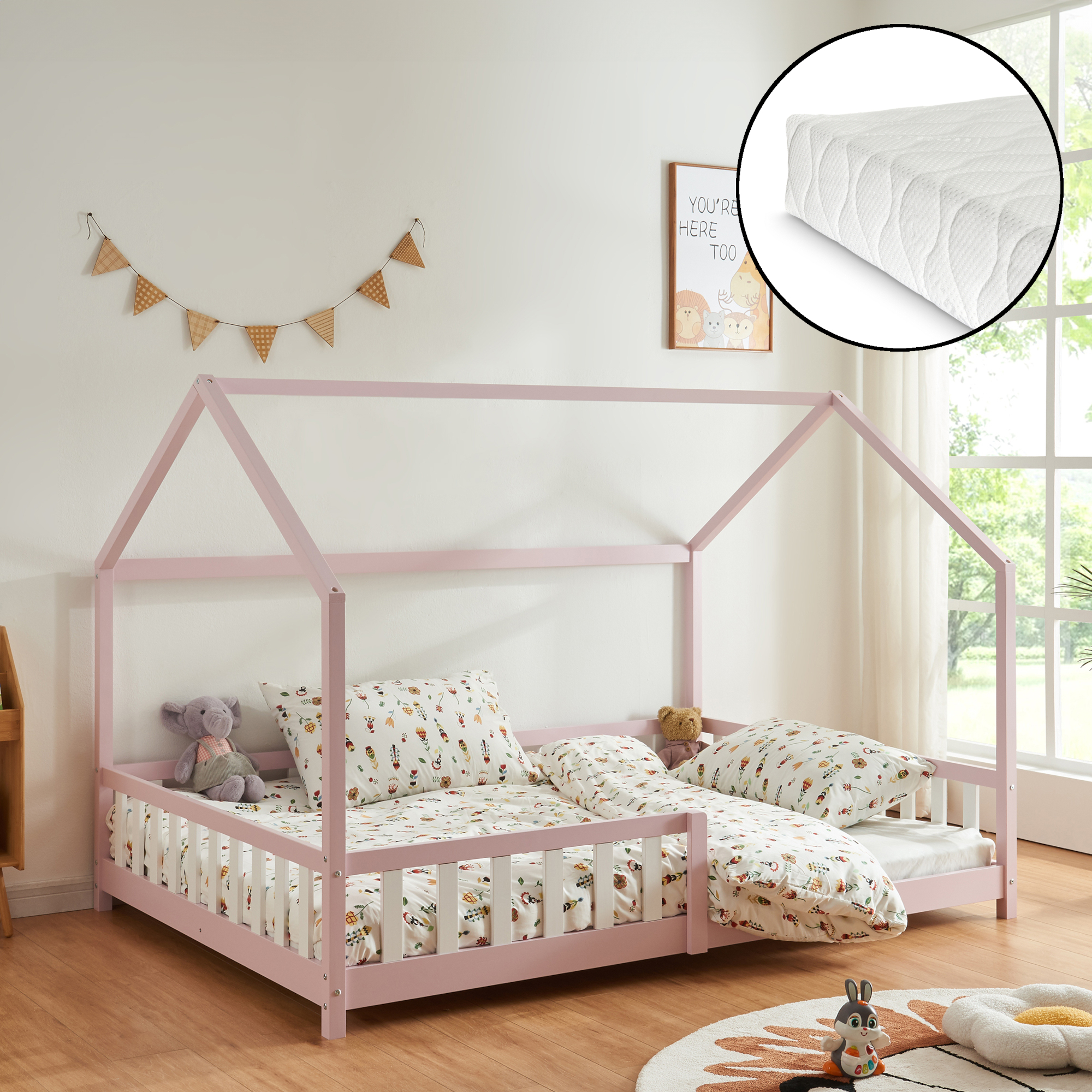 Pat copii, en.casa, PXSD-0034 Hesel, 200 x 120 cm, 120 kg, lemn, roz, cu saltea si grilaj protectie HausGarden Leisure