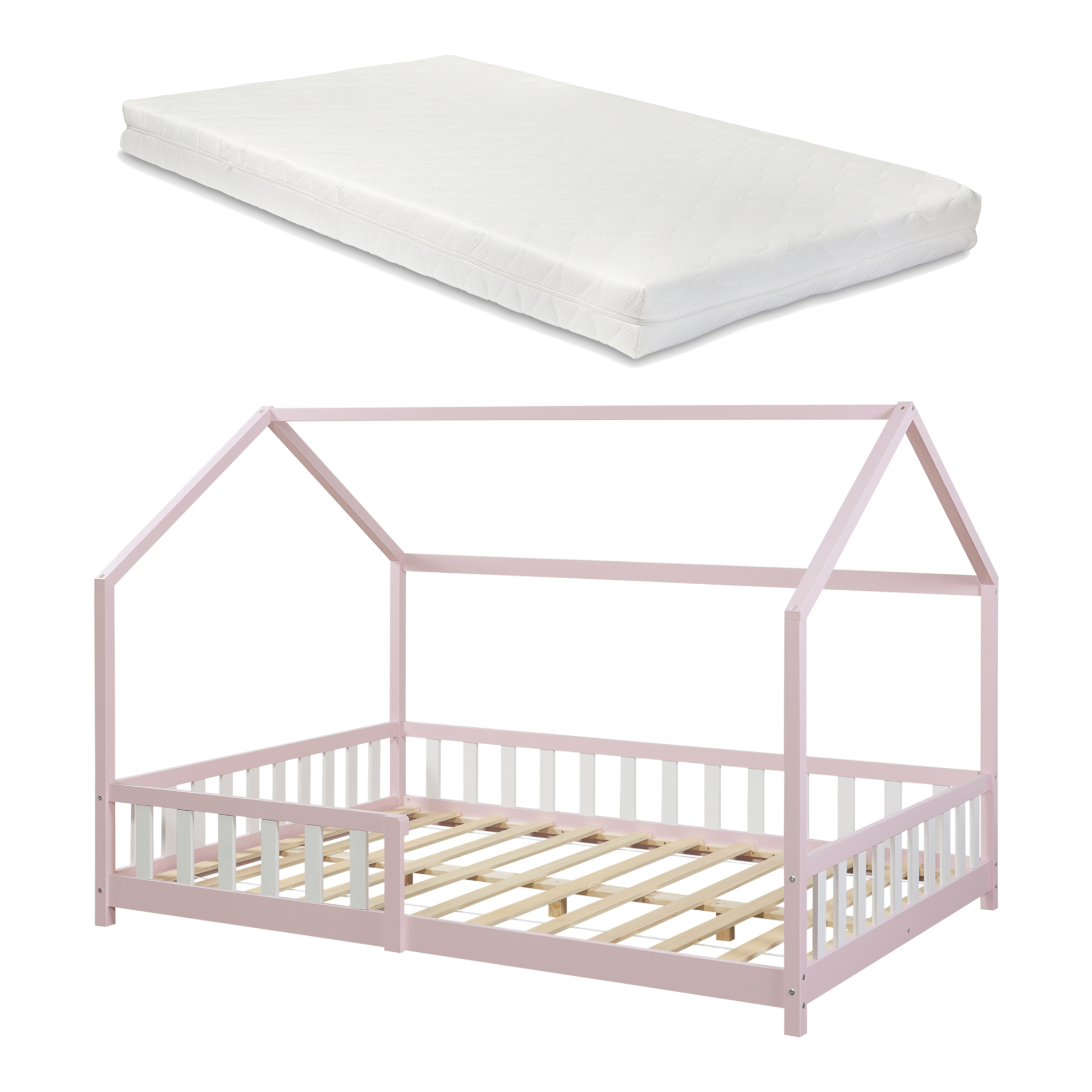 Pat copii, en.casa, PXSD-0034 Hesel, 200 x 120 cm, 120 kg, lemn, roz, cu saltea si grilaj protectie HausGarden Leisure