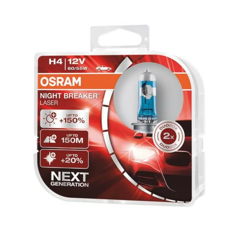 Bec halogen 12V - H4 - 60/55W Night Breaker Laser +150% P43t 2buc Osram Garage AutoRide