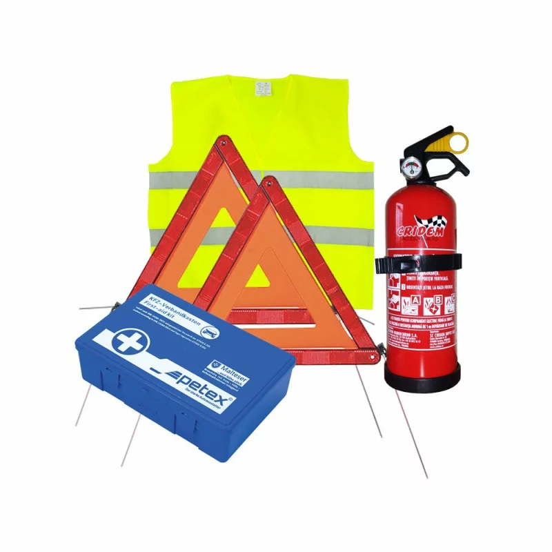 Set pachet prim ajutor auto trusa sanitara PET stingator 1kg Cridem triunghi presemnalizare 2buc vesta reflectorizanta geanta organizatoare Negru Garage AutoRide