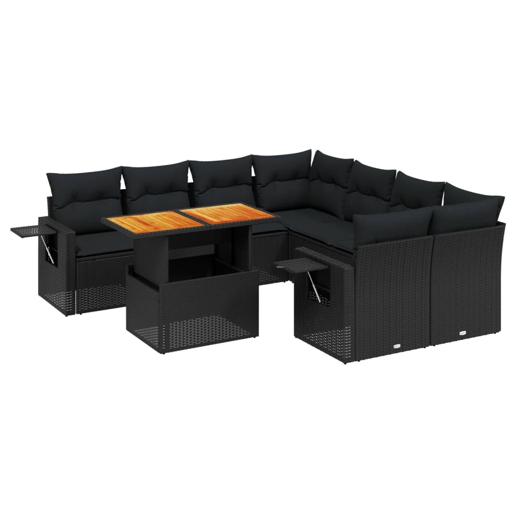 Set mobilier de grădină cu perne, 9 piese, negru, poliratan GartenMobel Dekor
