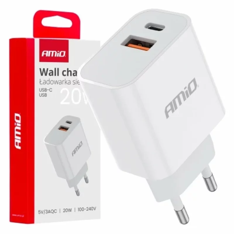 Incarcator retea Amio cu 2 porturi USB-A si USB-C 20W Quick Charge PCH PRO-09 230V Garage AutoRide