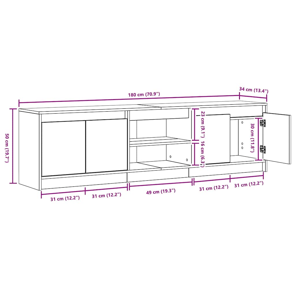 Cabinet TV cu lumini cu bandă LED cu depozitare cu ușă Negru 182 x 34 x 50 cm GartenMobel Dekor