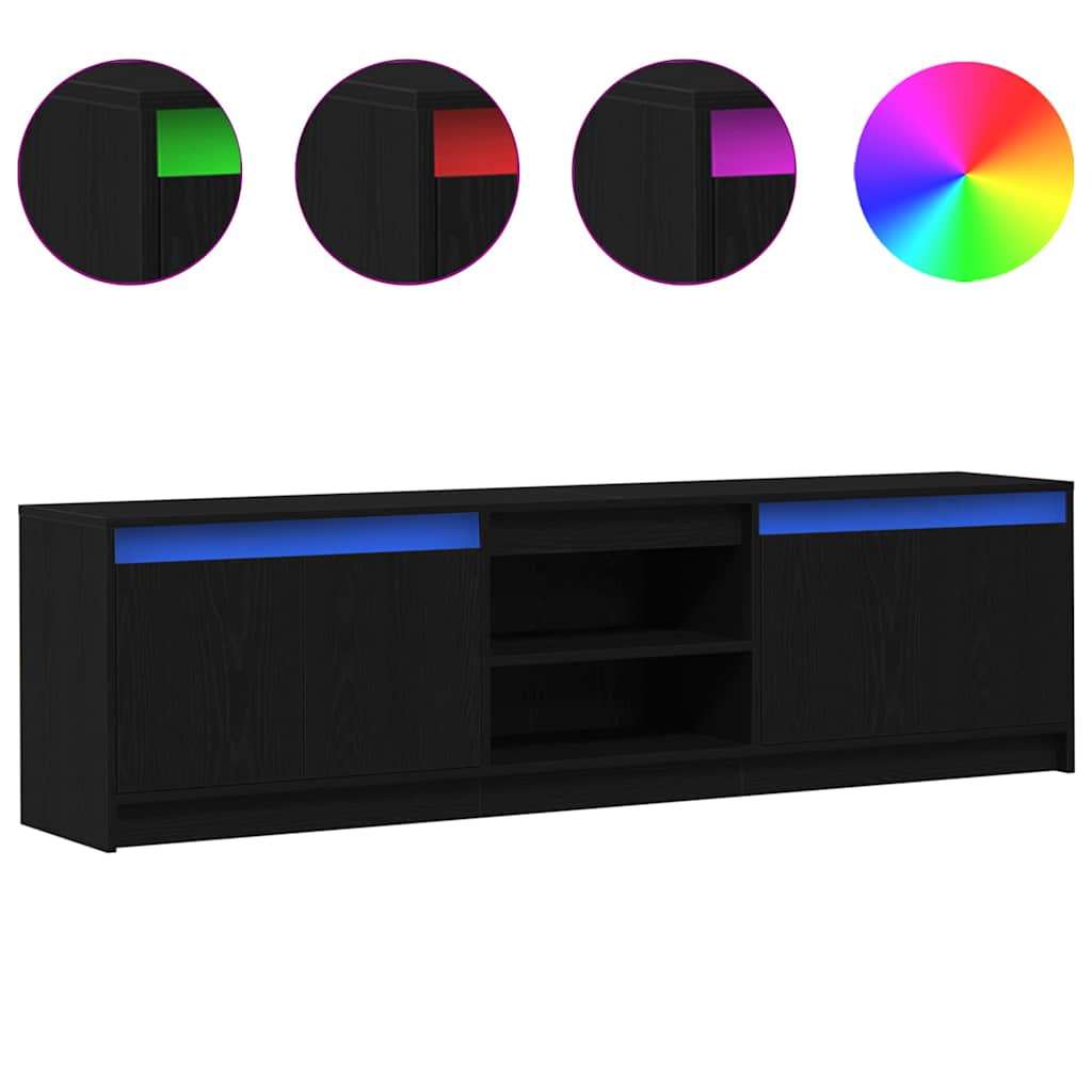 Cabinet TV cu lumini cu bandă LED cu depozitare cu ușă Negru 182 x 34 x 50 cm GartenMobel Dekor