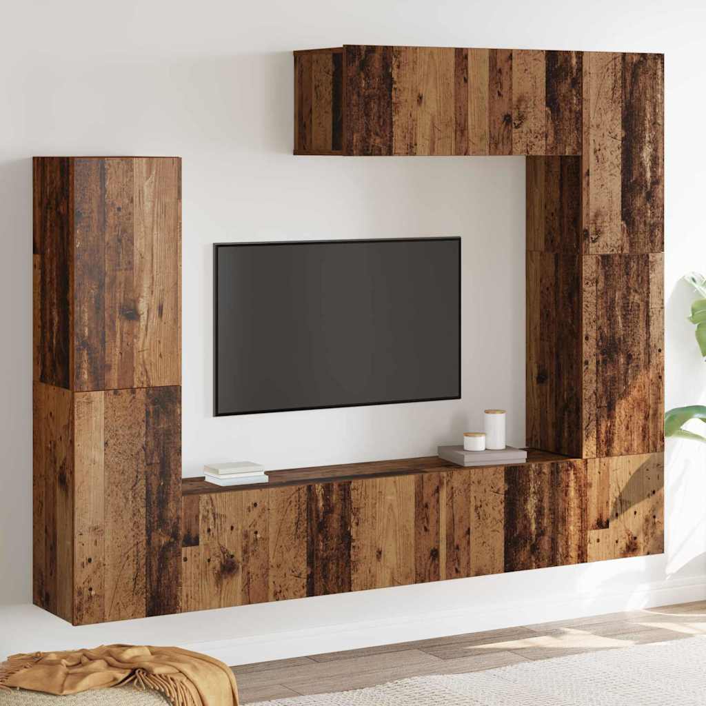 Set TV de 7 piese, montat pe perete, din lemn vechi și lemn compozit. GartenMobel Dekor