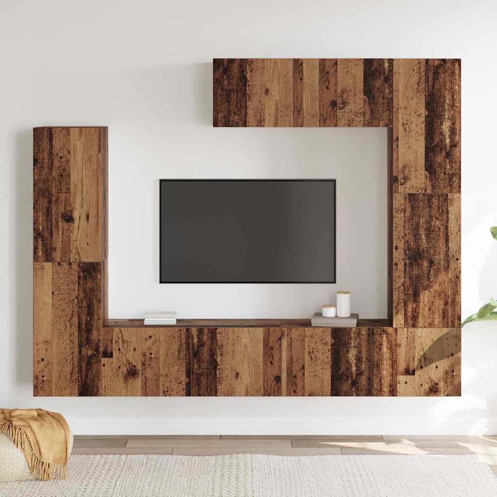 Set TV de 7 piese, montat pe perete, din lemn vechi și lemn compozit. GartenMobel Dekor