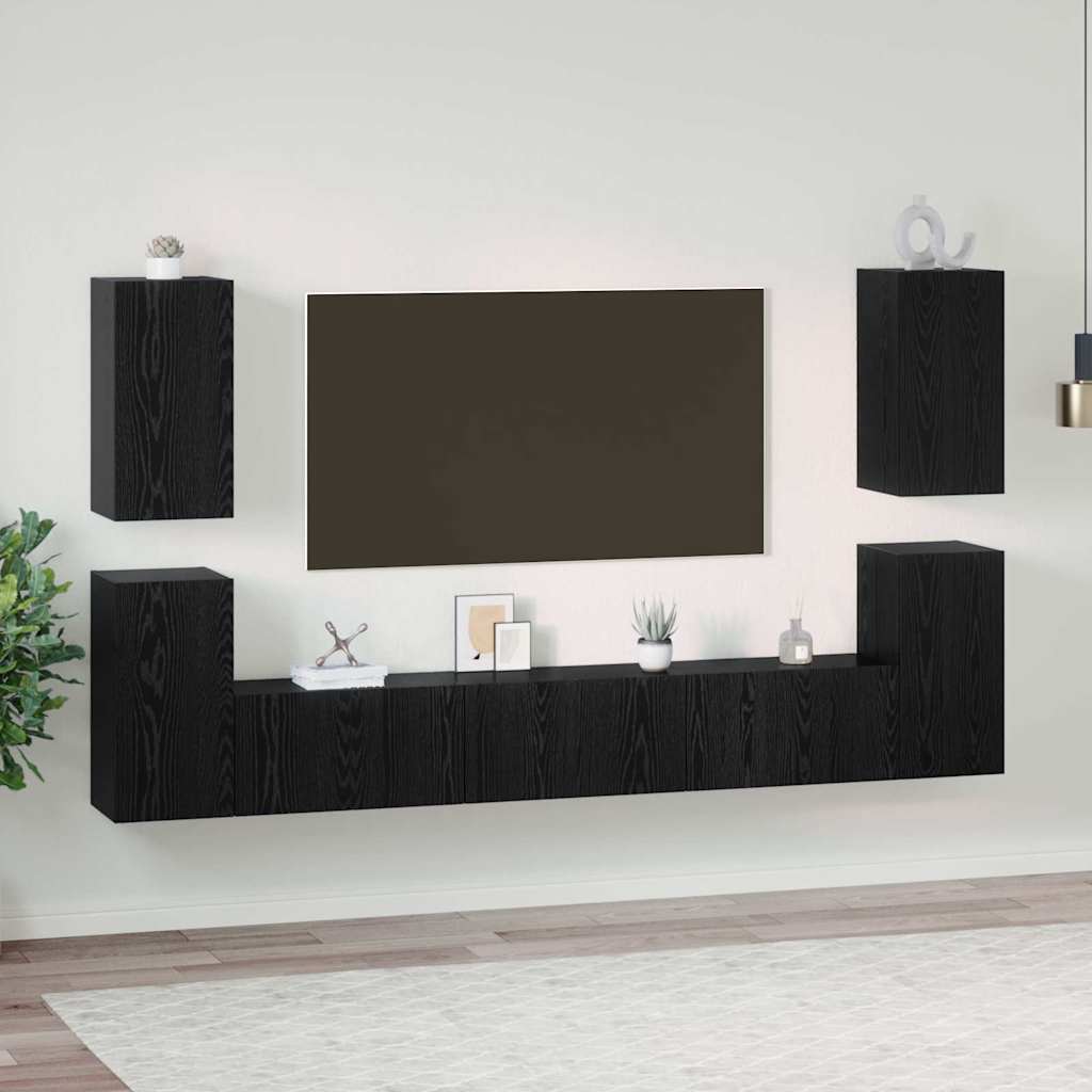 Set comodă TV cu raft Altele cu depozitare cu ușă 7 pcs Stejar negru Lemn compozit GartenMobel Dekor