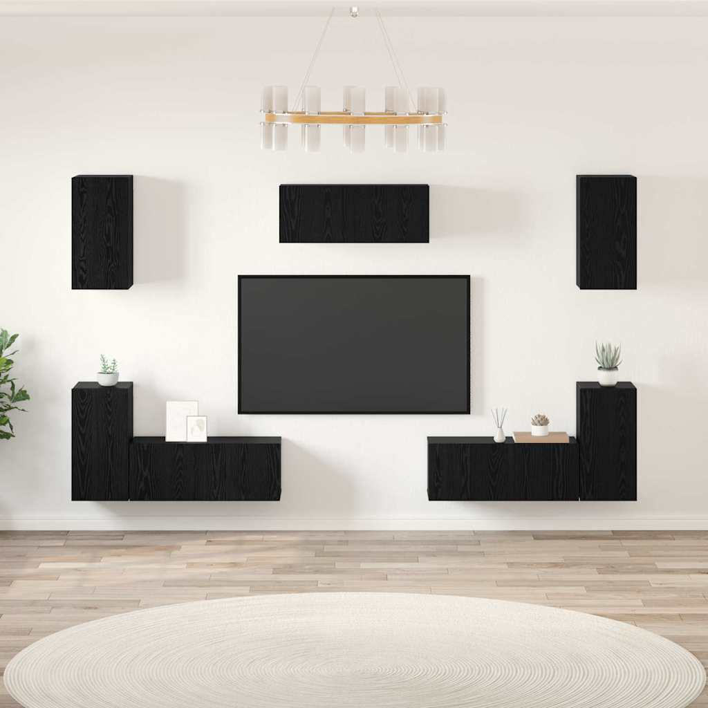 Set comodă TV cu raft Altele cu depozitare cu ușă 7 pcs Stejar negru Lemn compozit GartenMobel Dekor