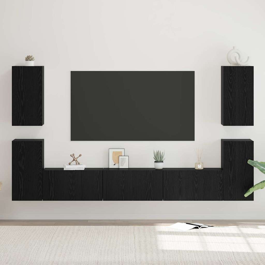 Set comodă TV cu raft Altele cu depozitare cu ușă 7 pcs Stejar negru Lemn compozit GartenMobel Dekor