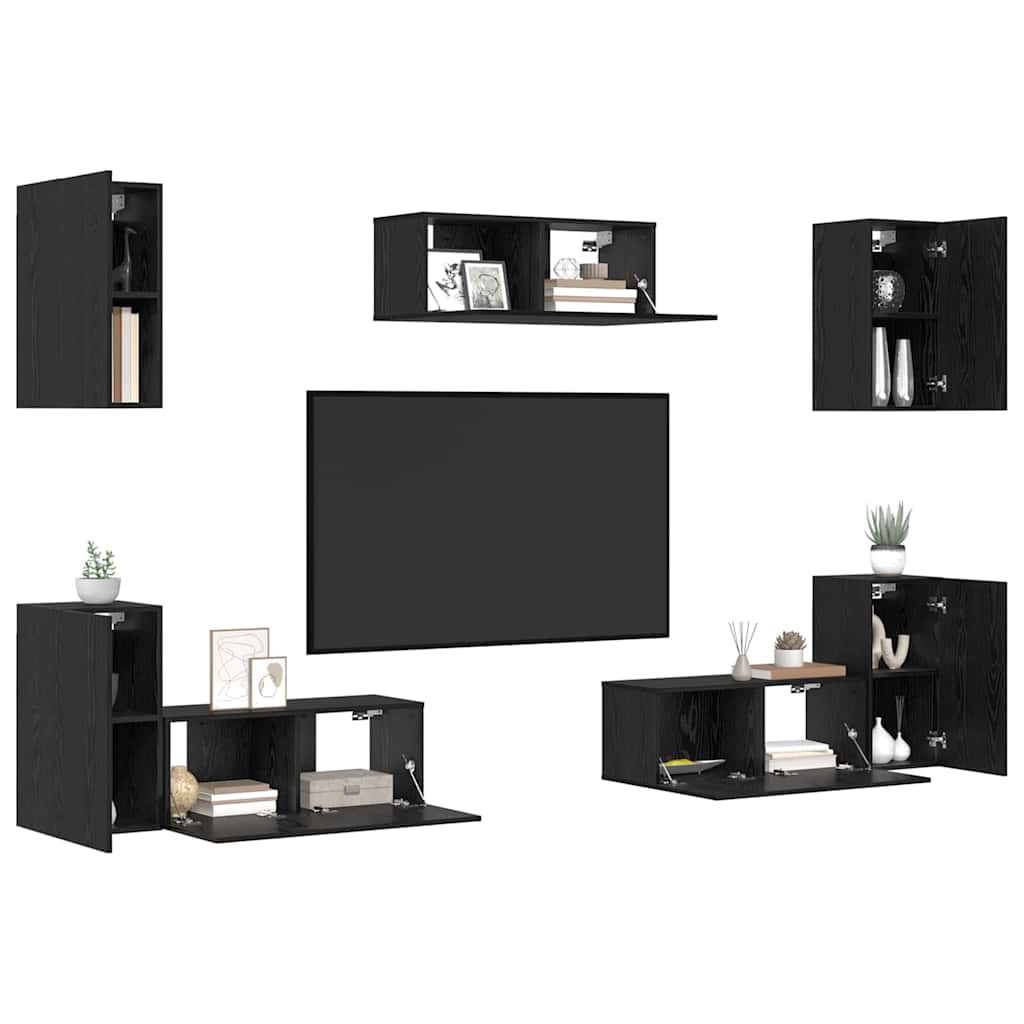 Set comodă TV cu raft Altele cu depozitare cu ușă 7 pcs Stejar negru Lemn compozit GartenMobel Dekor