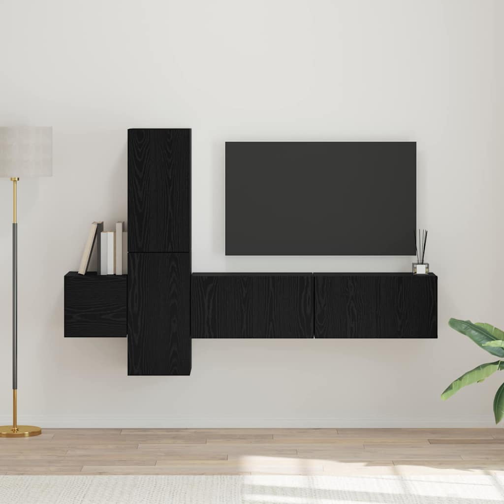 Set comodă TV cu raft Pe perete cu depozitare cu ușă 5 pcs Stejar negru Lemn compozit GartenMobel Dekor