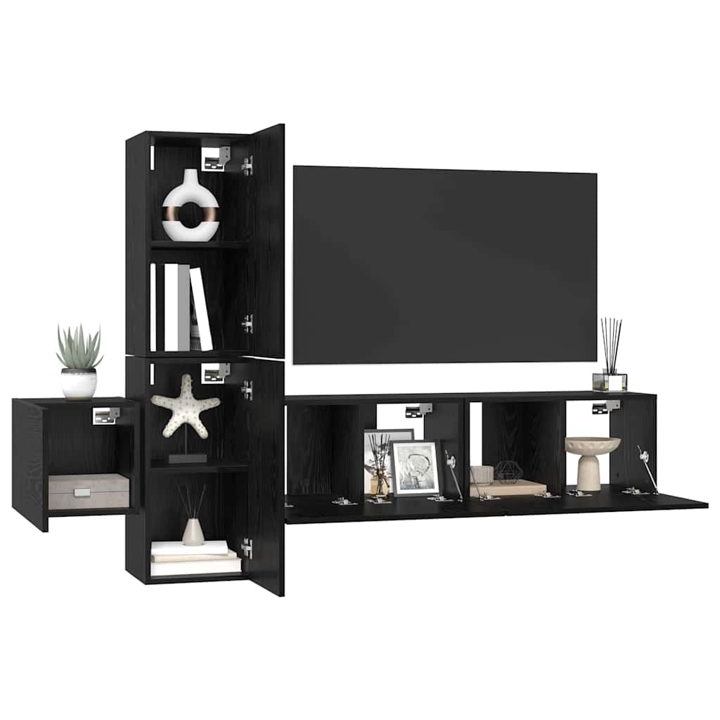 Set comodă TV cu raft Pe perete cu depozitare cu ușă 5 pcs Stejar negru Lemn compozit GartenMobel Dekor