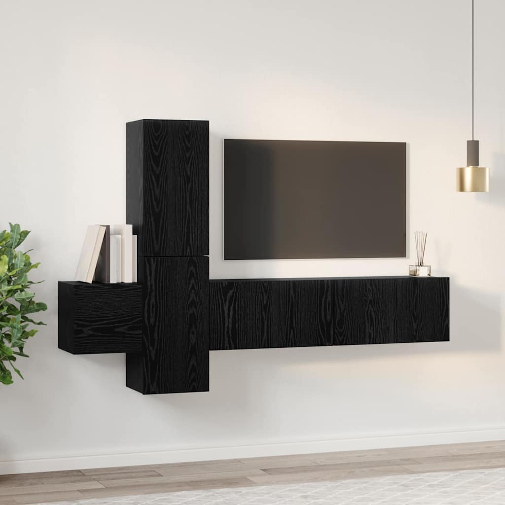 Set comodă TV cu raft Pe perete cu depozitare cu ușă 5 pcs Stejar negru Lemn compozit GartenMobel Dekor