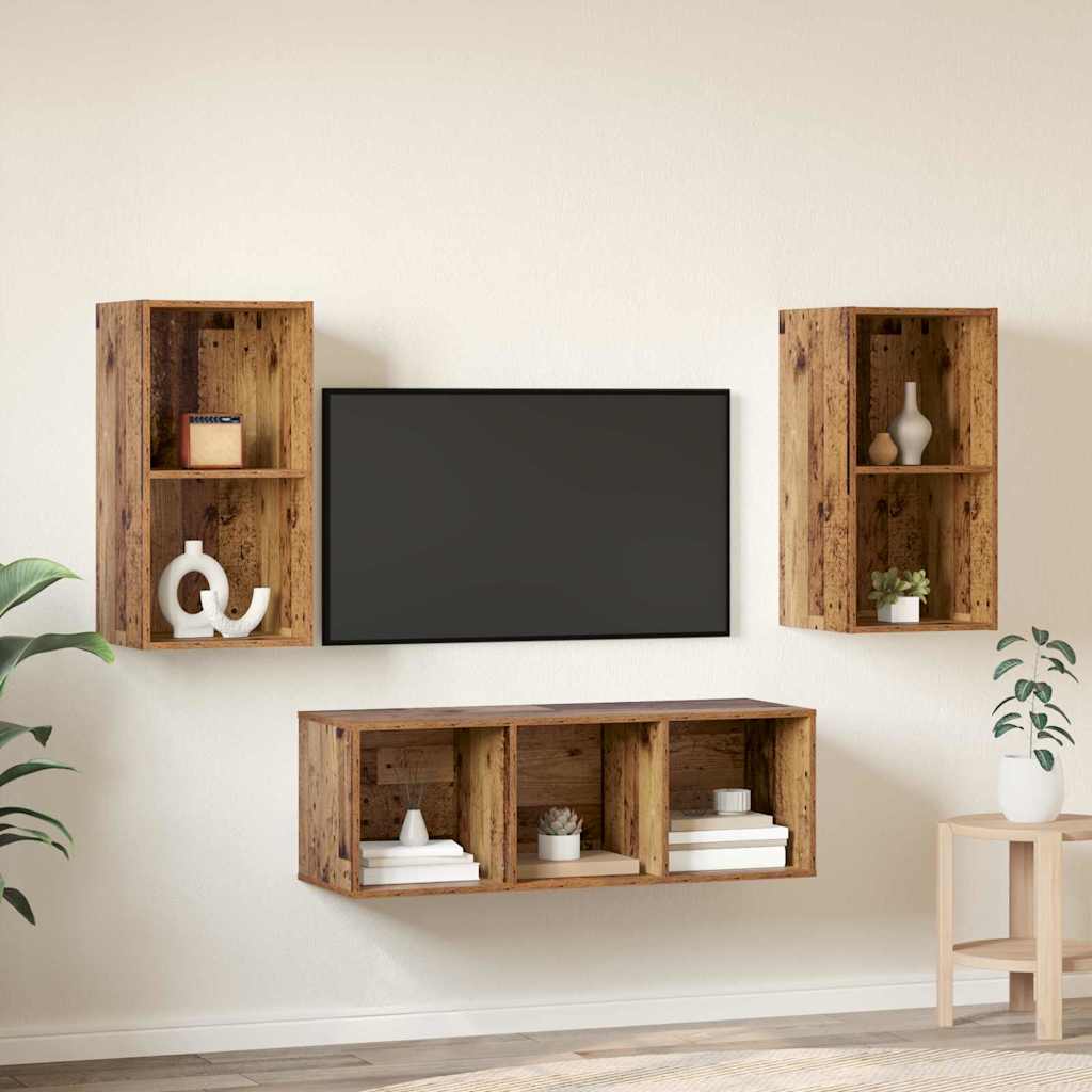Set dulap TV 3 pcs Lemn vechi 37 x 37 x 107 cm Lemn compozit GartenMobel Dekor
