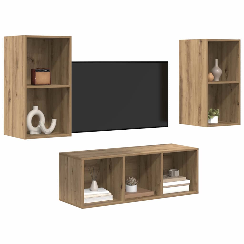 Set dulap TV cu raft Pe perete 3 pcs stejar artizanal 37 x 37 x 107 cm GartenMobel Dekor