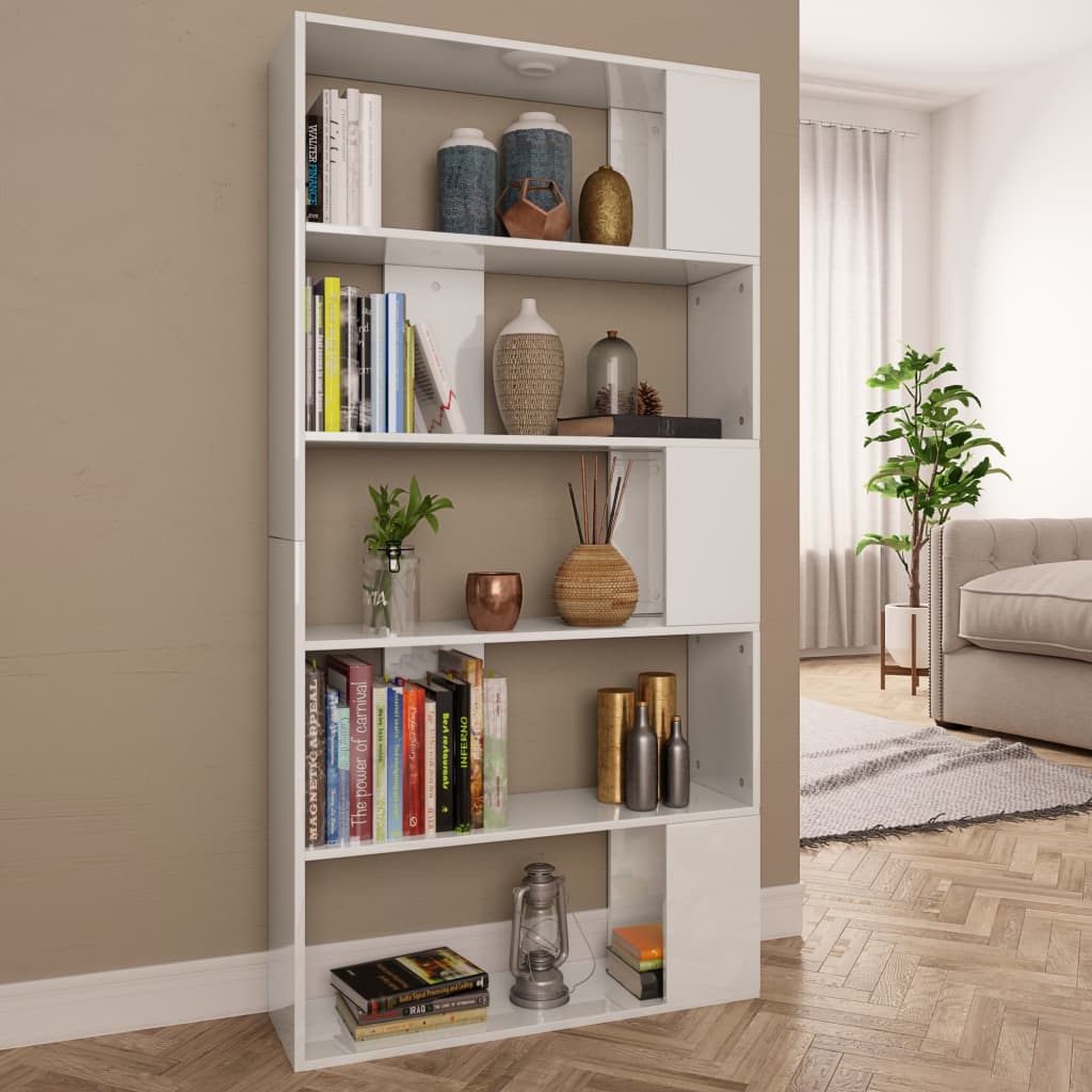 Bibliotecă/Separator cameră, alb extralucios, 80x24x159 cm, PAL GartenMobel Dekor