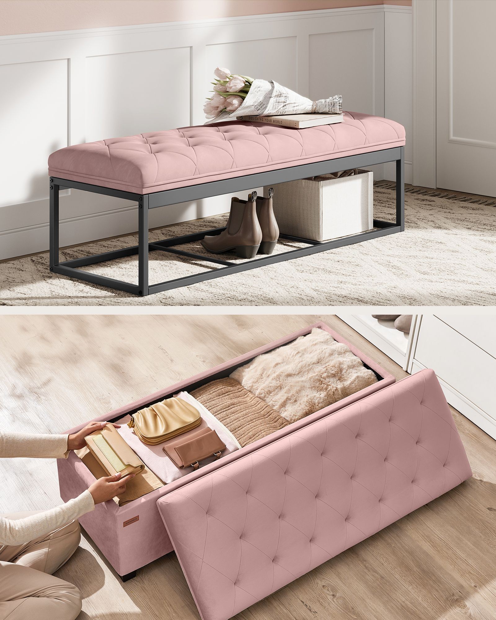 SONGMICS Bancuta depozitare cu picioare, velur matlasat, 103 litri, 110x40x40 cm, roz Household NewTrend