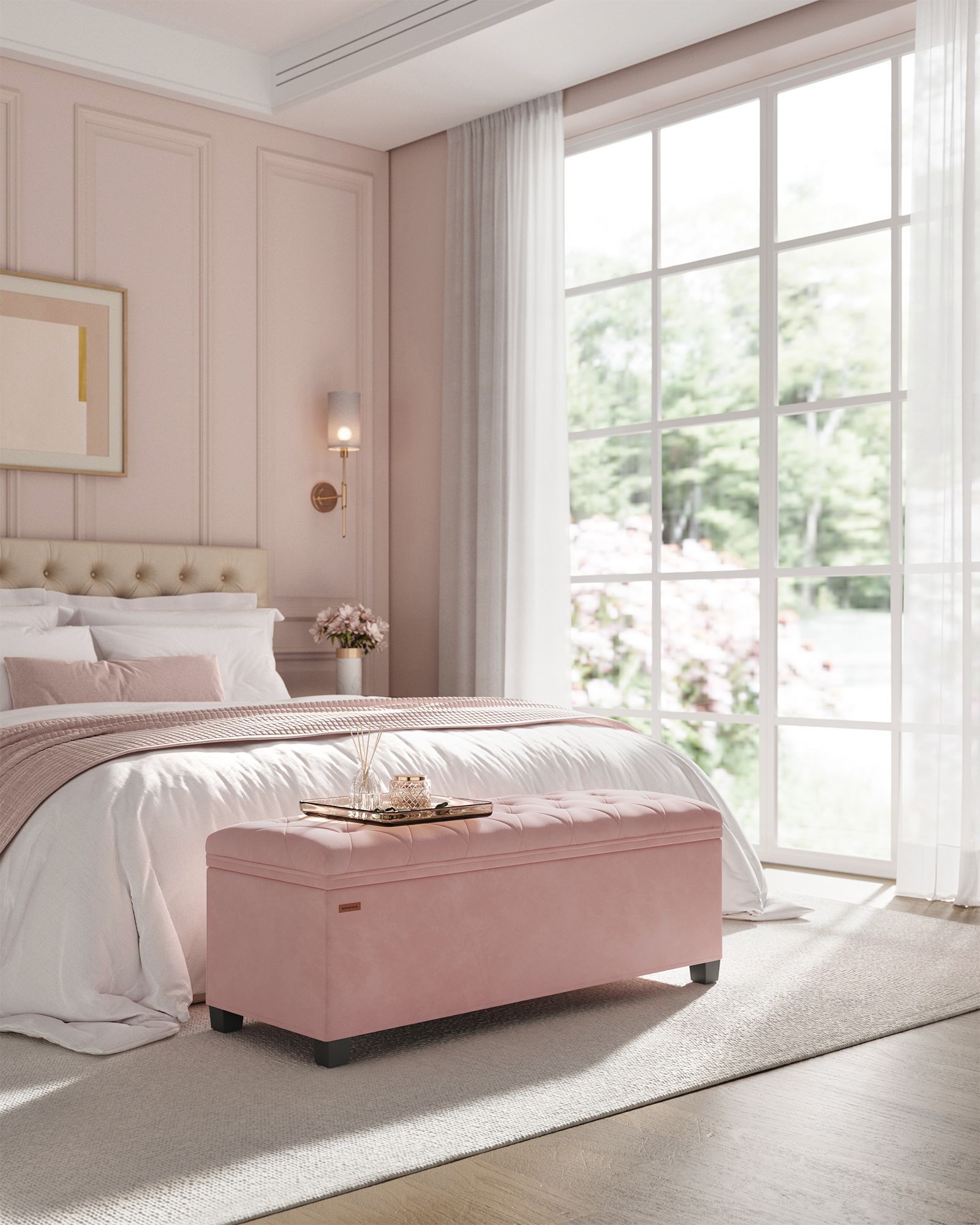 SONGMICS Bancuta depozitare cu picioare, velur matlasat, 103 litri, 110x40x40 cm, roz Household NewTrend