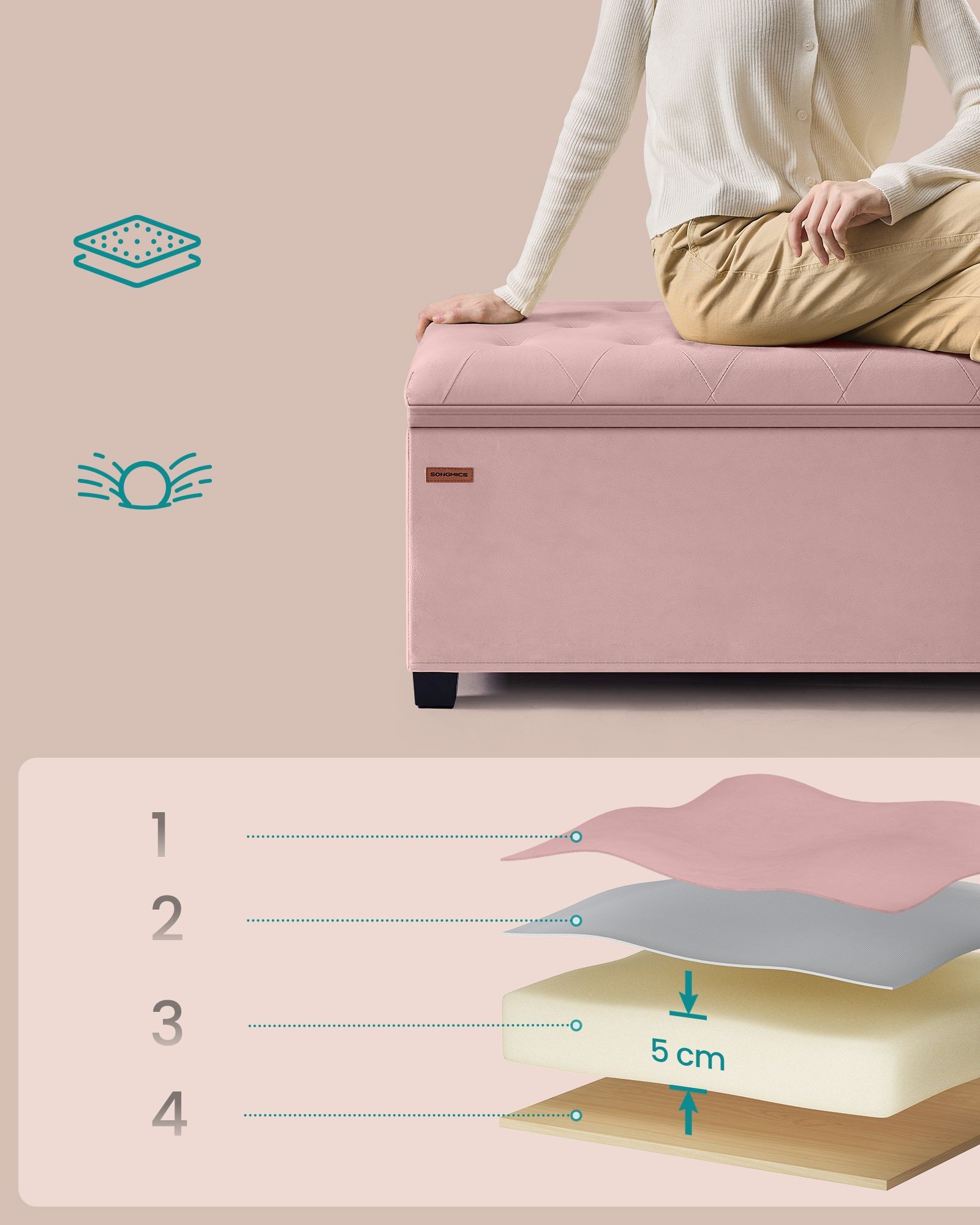 SONGMICS Bancuta depozitare cu picioare, velur matlasat, 103 litri, 110x40x40 cm, roz Household NewTrend