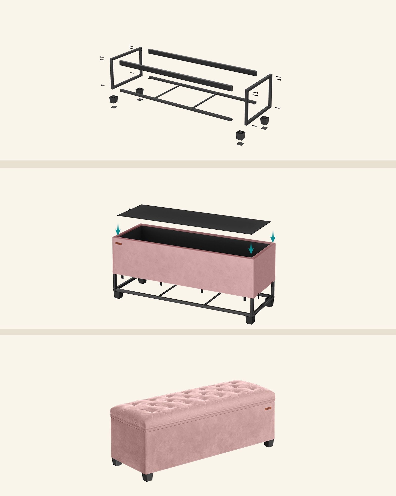 SONGMICS Bancuta depozitare cu picioare, velur matlasat, 103 litri, 110x40x40 cm, roz Household NewTrend