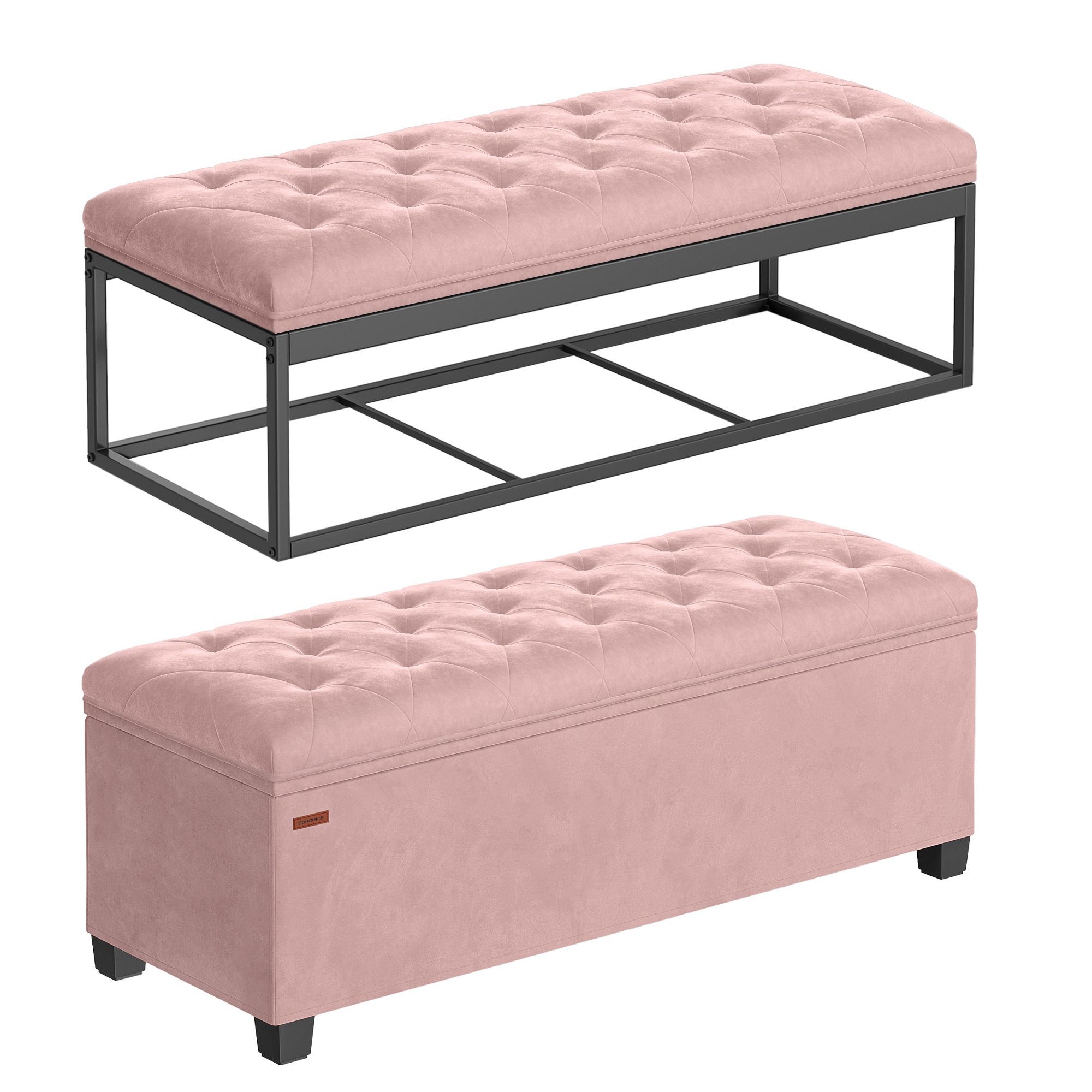 SONGMICS Bancuta depozitare cu picioare, velur matlasat, 103 litri, 110x40x40 cm, roz Household NewTrend