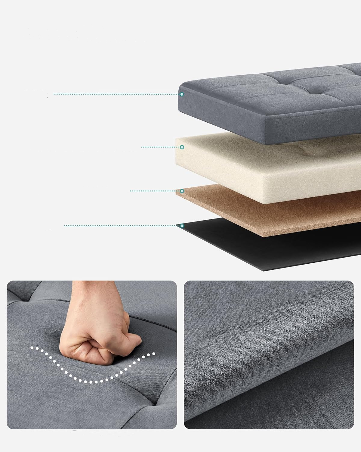 SONGMICS Taburet pliabil cu spatiu depozitare, tapiterie catifea, structura MDF, 38x38x38 cm, gri Household NewTrend