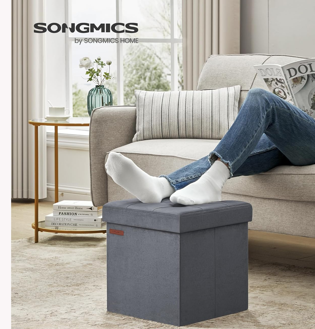 SONGMICS Taburet pliabil cu spatiu depozitare, tapiterie catifea, structura MDF, 38x38x38 cm, gri Household NewTrend