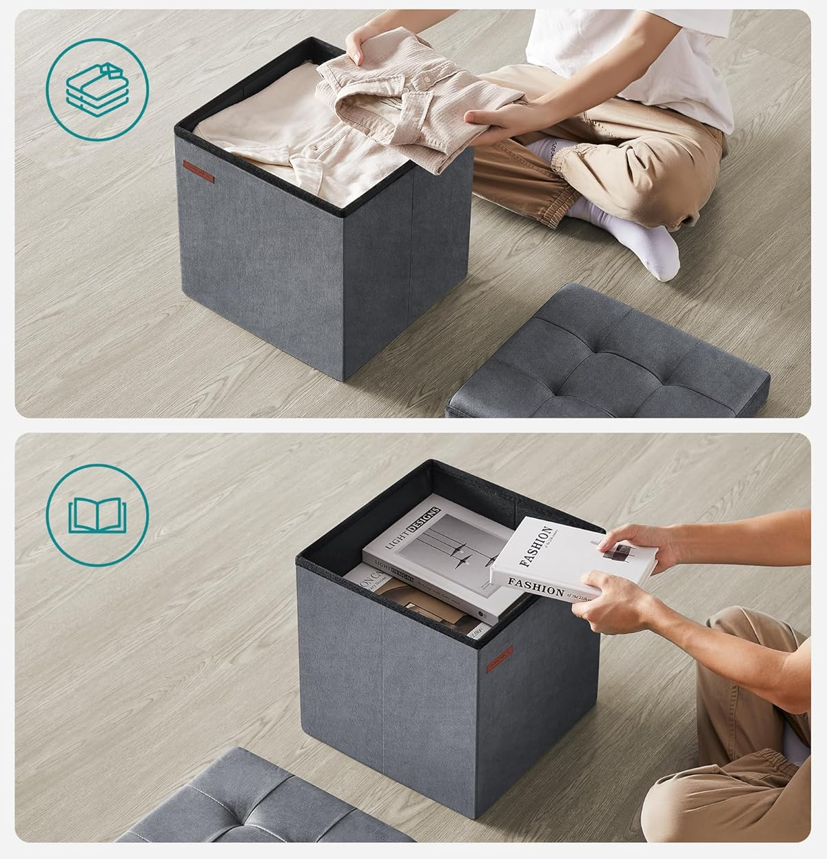 SONGMICS Taburet pliabil cu spatiu depozitare, tapiterie catifea, structura MDF, 38x38x38 cm, gri Household NewTrend