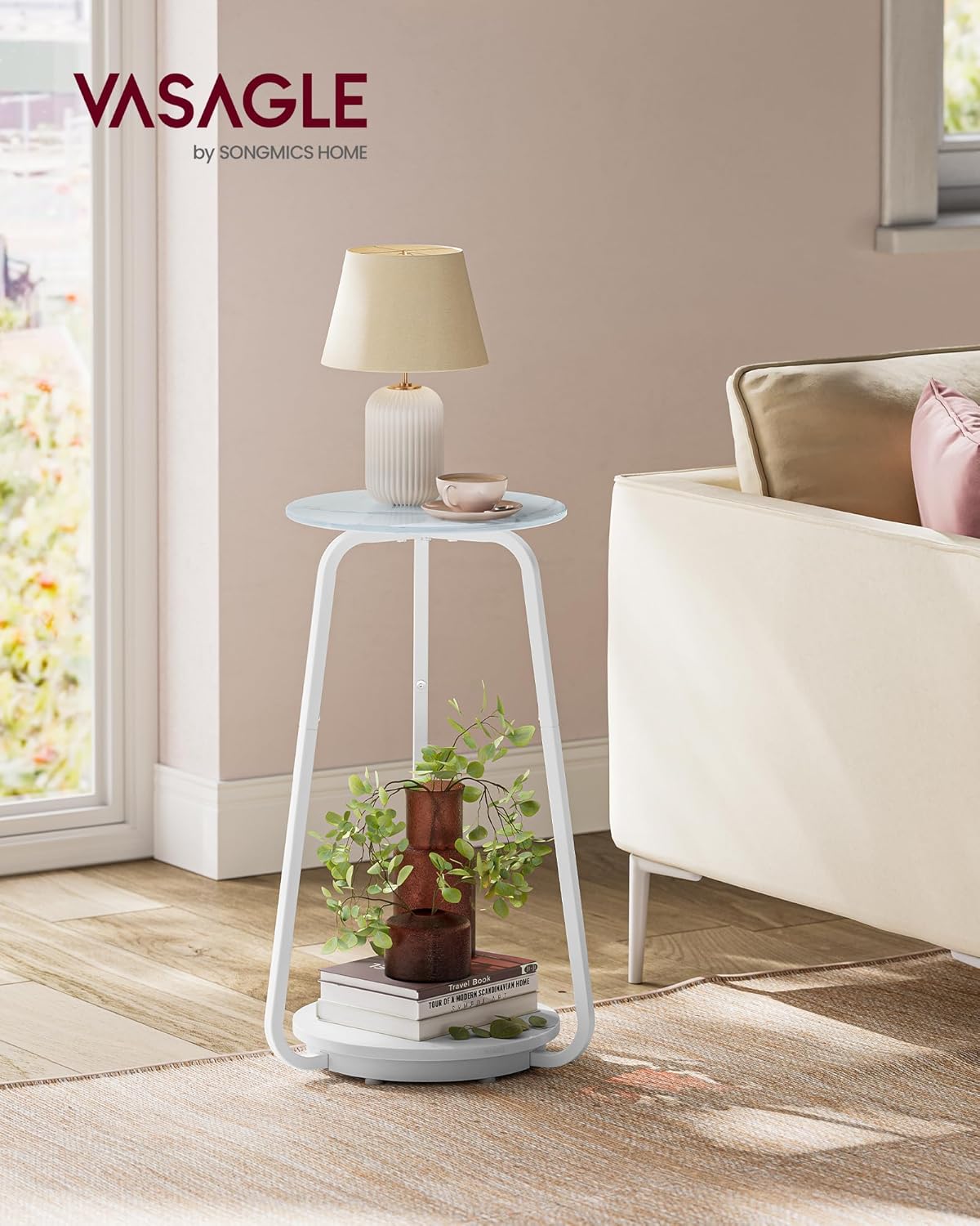VASAGLE Masuta rotunda tip noptiera, blat din sticla si raft inferior din PAL, cadru metalic, 30x30x55 cm, alb Household NewTrend