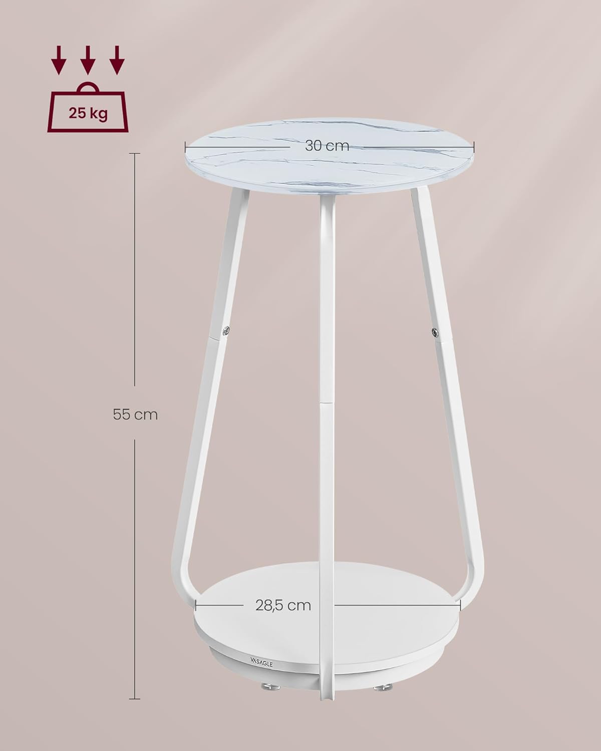 VASAGLE Masuta rotunda tip noptiera, blat din sticla si raft inferior din PAL, cadru metalic, 30x30x55 cm, alb Household NewTrend