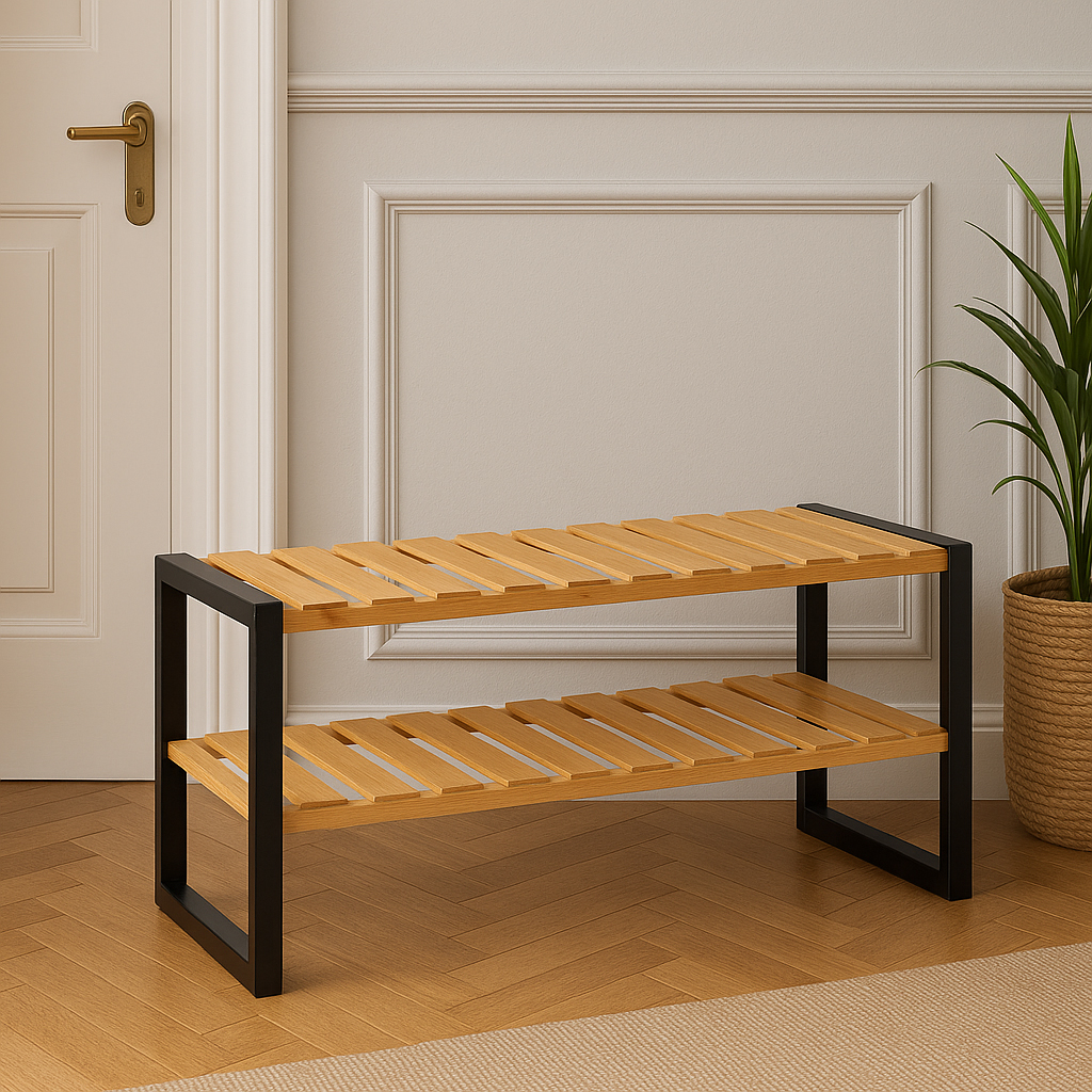 Suport pantofi 6 perechi 5Five Bamboo, din bambus, 70x26x34 cm, negru Household NewTrend