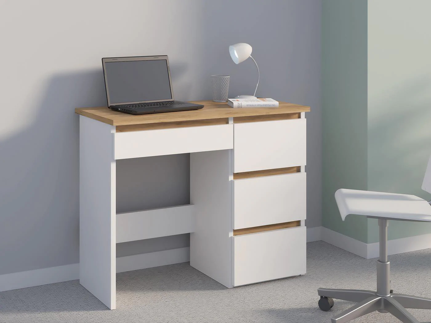 Birou Beta 3 Norge cu 4 sertare, 94x43x75 cm, alb si stejar craft Household NewTrend