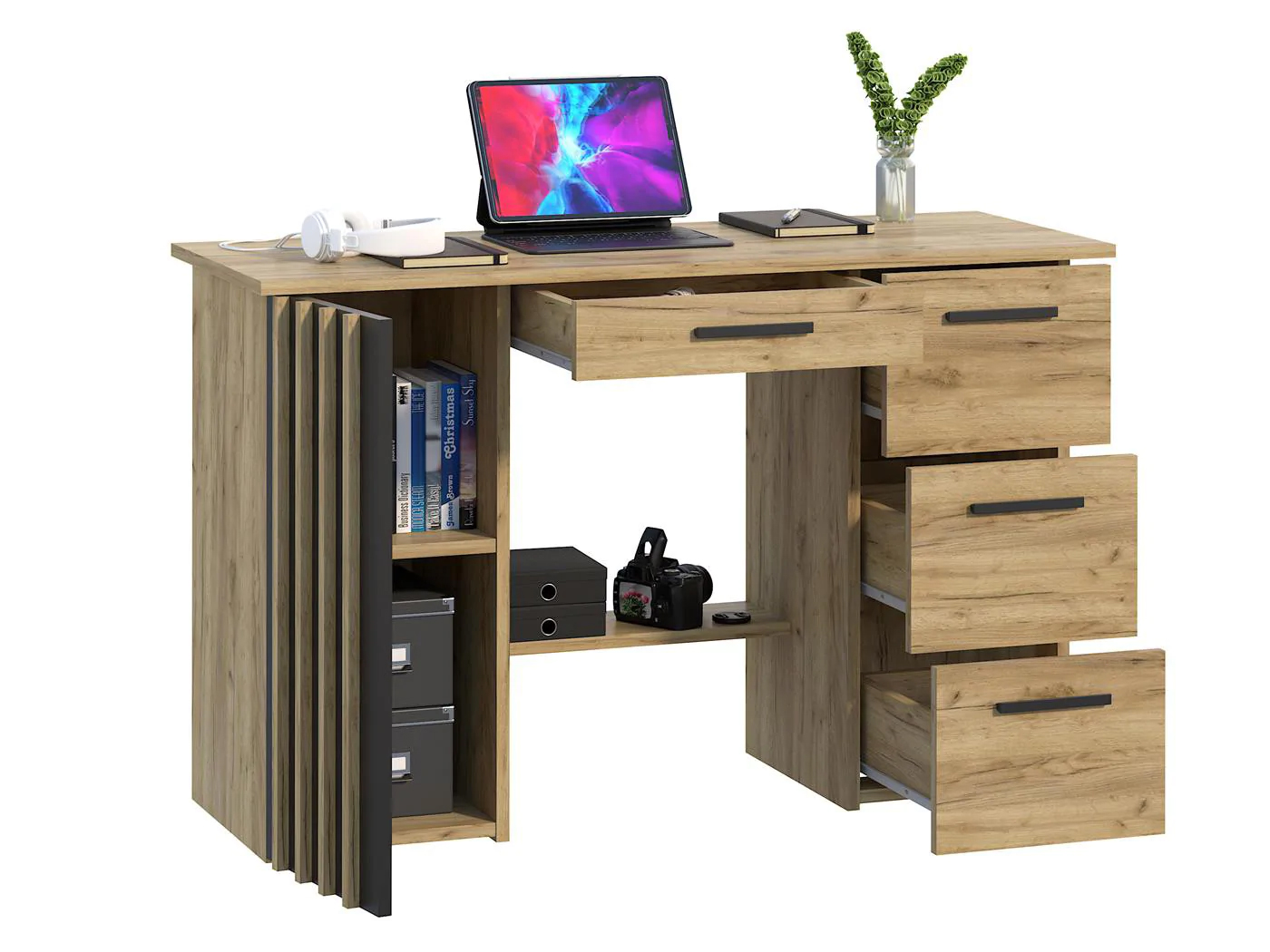 Birou Montana B120 cu 4 sertare si 1 usa, 120x45x76 cm, stejar craft si negru Household NewTrend
