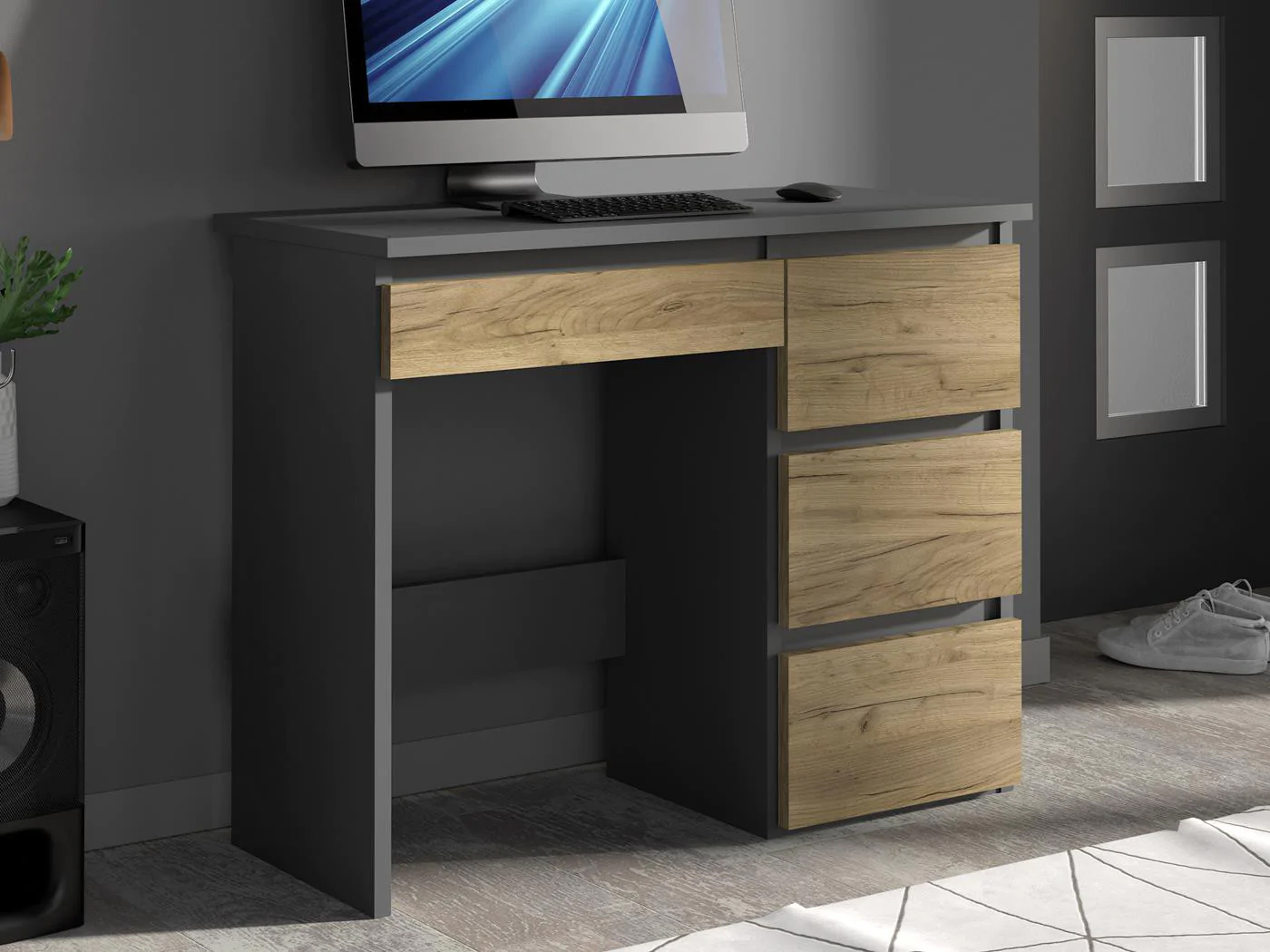 Birou calculator Beta 3 cu 4 sertare, 94x43x75 cm, finisaj antracit/craft Household NewTrend
