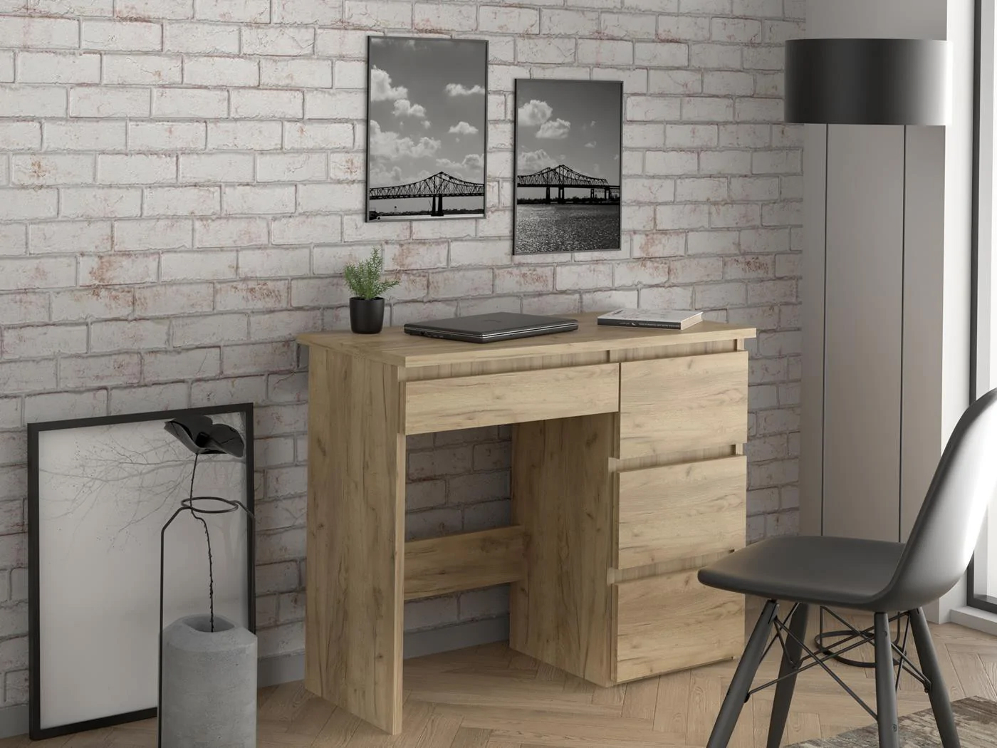 Birou calculator Beta 3 cu 4 sertare, 94x43x75 cm, finisaj craft Household NewTrend