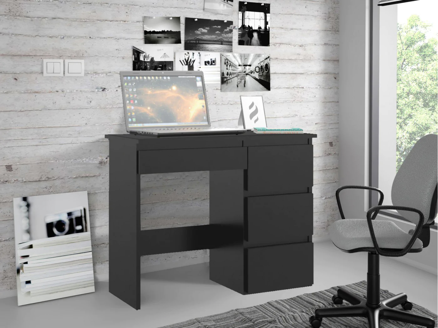 Birou calculator Beta 3 cu 4 sertare, 94x43x75 cm, finisaj negru Household NewTrend