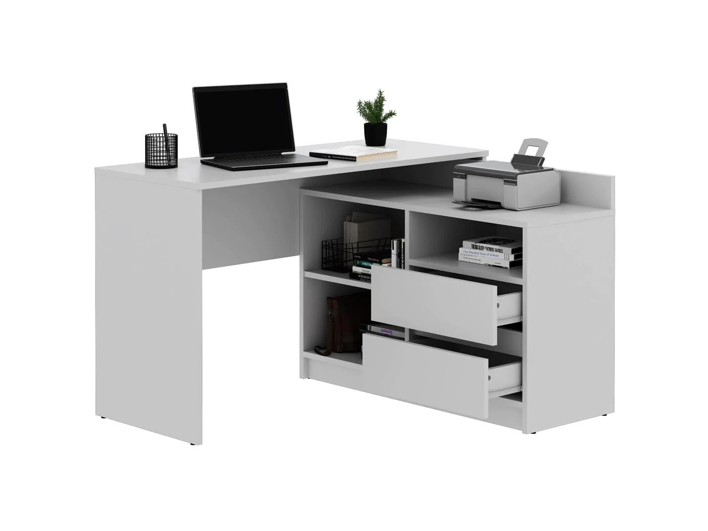 Birou colt Delta 120x50x75 cm cu comoda 100x42x72 cm, 2 sertare, montaj stanga/dreapta, alb Household NewTrend