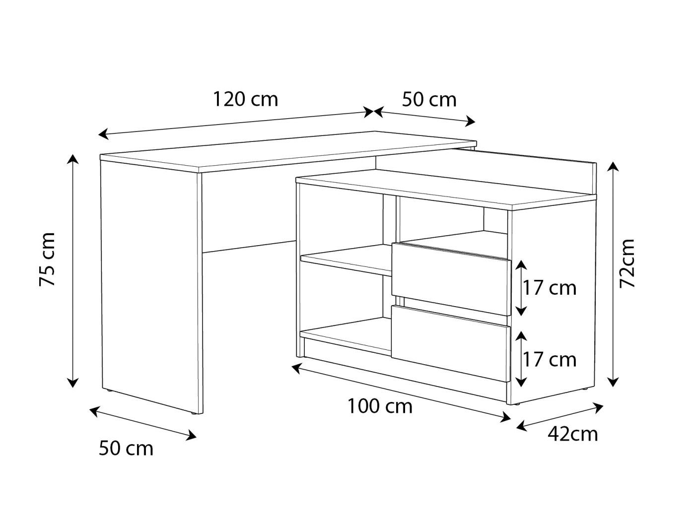 Birou colt Delta 120x50x75 cm cu comoda 100x42x72 cm, 2 sertare, montaj stanga/dreapta, alb Household NewTrend