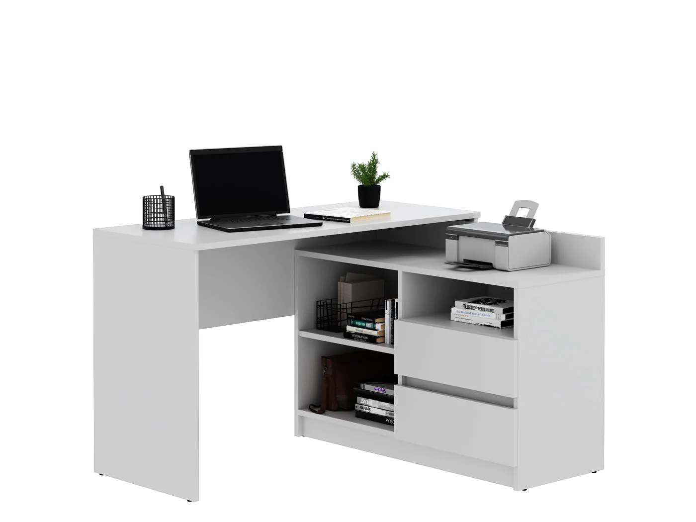 Birou colt Delta 120x50x75 cm cu comoda 100x42x72 cm, 2 sertare, montaj stanga/dreapta, alb Household NewTrend