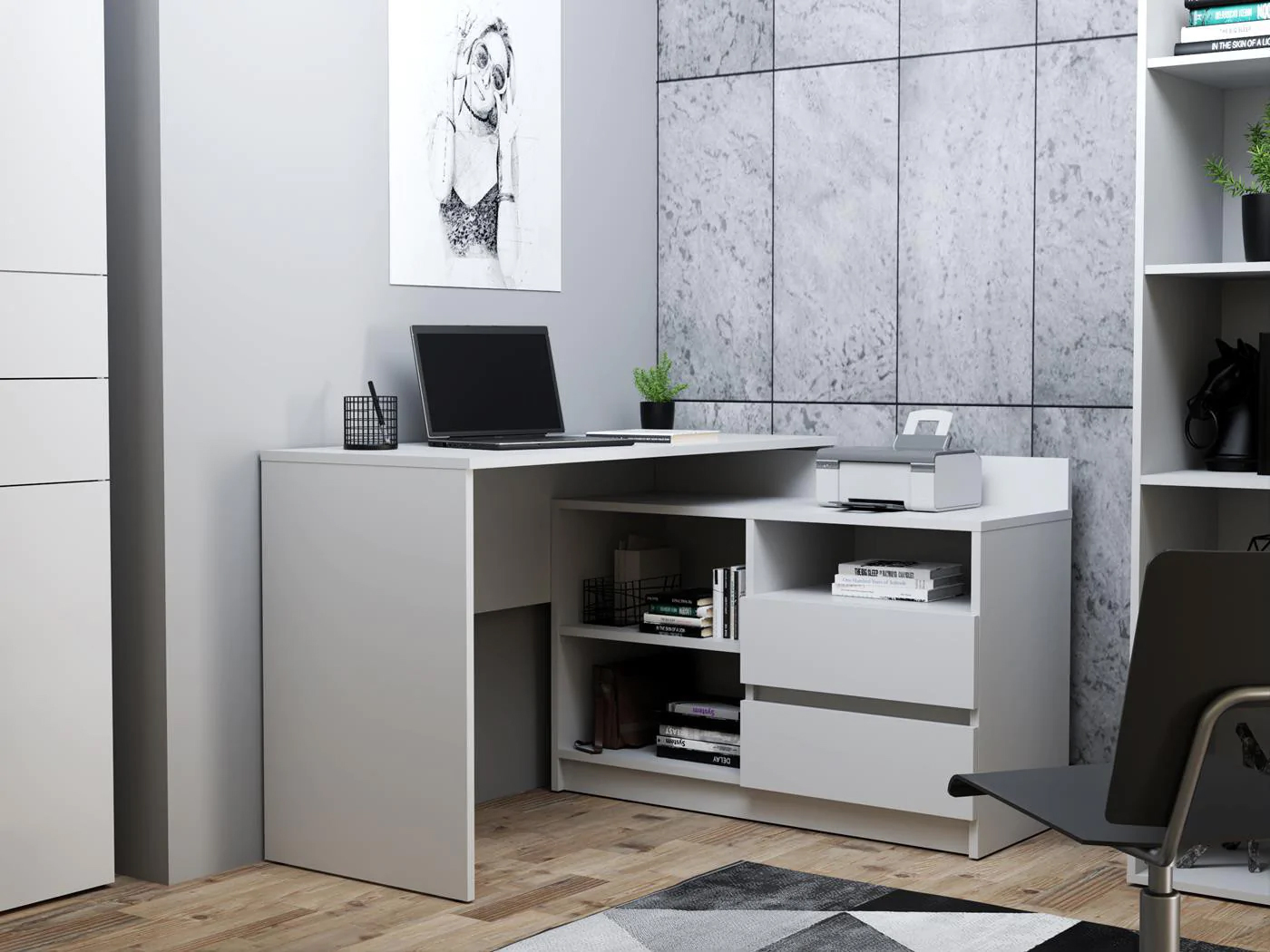 Birou colt Delta 120x50x75 cm cu comoda 100x42x72 cm, 2 sertare, montaj stanga/dreapta, alb Household NewTrend