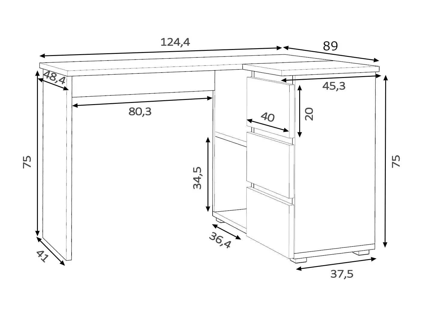 Birou colt Norge cu 3 sertare si 2 rafturi, 124x89x75 cm, stejar Household NewTrend