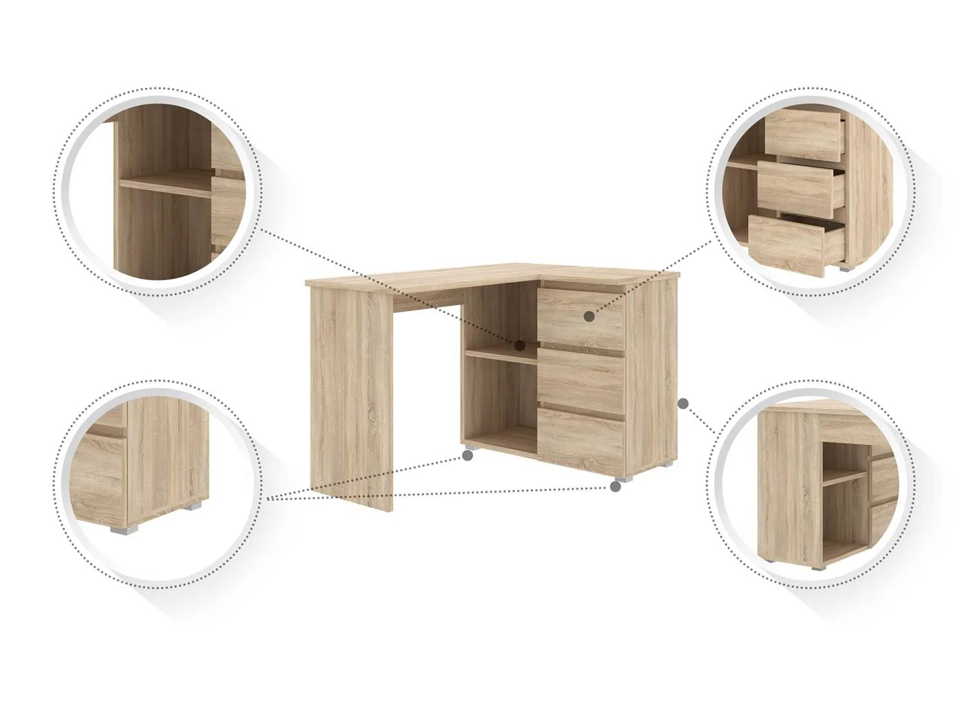 Birou colt Norge cu 3 sertare si 2 rafturi, 124x89x75 cm, stejar Household NewTrend